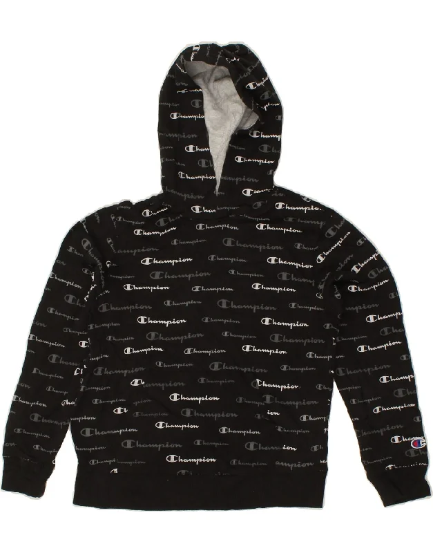 CHAMPION Boys Graphic Hoodie Jumper 9-10 Years Medium  Black Spotted Hoodie with Hem Elastic Stretchable Comfortable