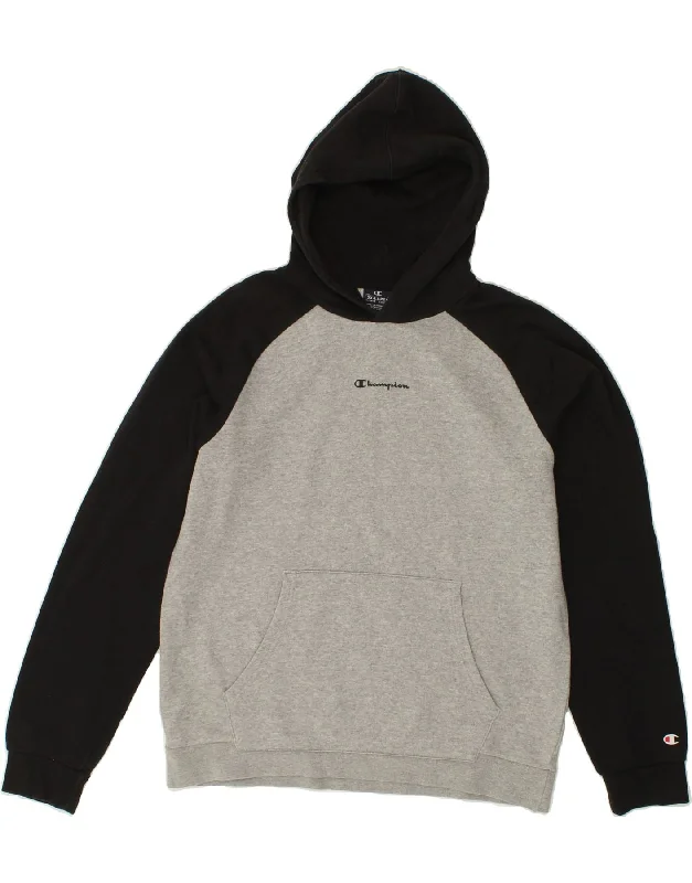 CHAMPION Boys Hoodie Jumper 15-16 Years 2XL Grey Colourblock Hoodie with Monochrome Minimalist Simple