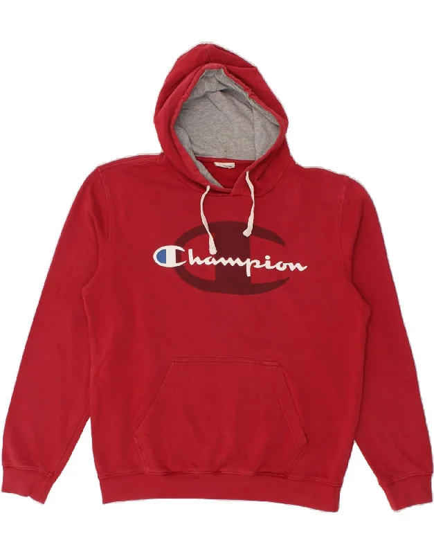 CHAMPION Mens Graphic Hoodie Jumper Large Red Cotton Hoodie with Hem Frayed Vintage Worn