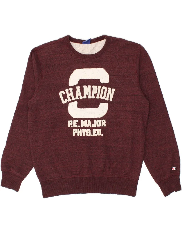 CHAMPION Mens Graphic Sweatshirt Jumper Large Burgundy Cotton Hoodie with Front Slit Layering Stylish