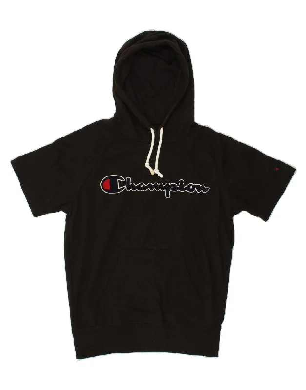 CHAMPION Womens Oversized Graphic Short Sleeve Hoodie Jumper UK 6 XS Black Hoodie with Button Placket Classic Preppy