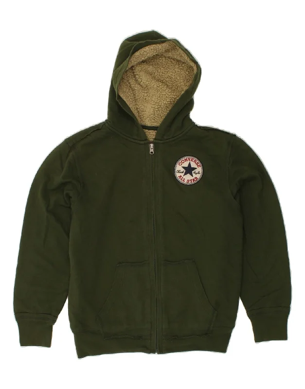 CONVERSE Boys Zip Hoodie Sweater 10-11 Years Medium  Khaki Cotton Hoodie with Strings Custom Fit Adjustable