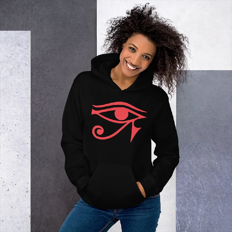 Eye of Ra Egyptian Goddess Long Unisex Hoodie Sweatshirt Red Print Hoodie with Contrast Stitching Detailed Premium