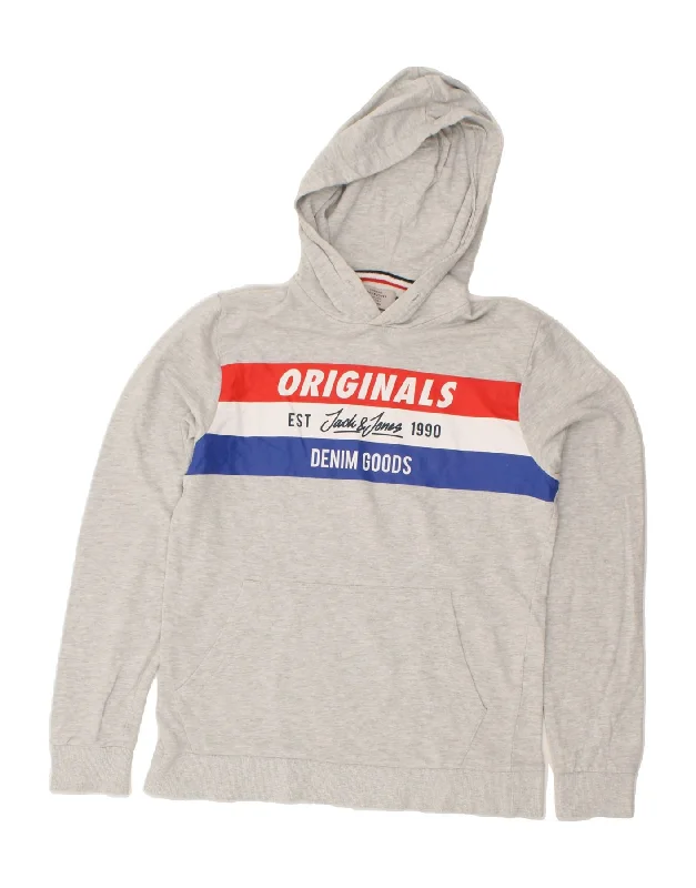 JACK & JONES Mens Graphic Hoodie Jumper Medium Grey Striped Cotton Hoodie with Zipper Placket Modern Functional