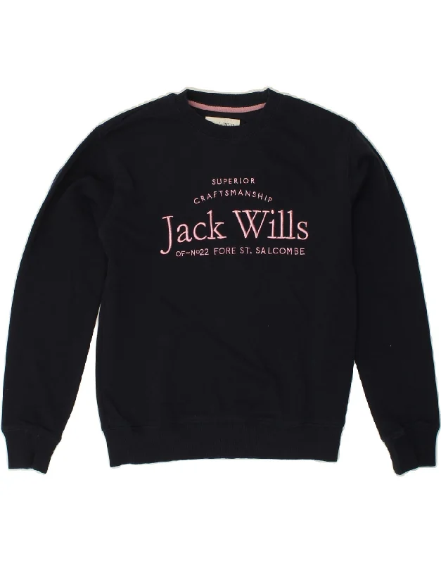 JACK WILLS Girls Graphic Sweatshirt Jumper 12-13 Years Navy Blue Cotton Hoodie with Ribbed Cuffs Snug Fit Comfort