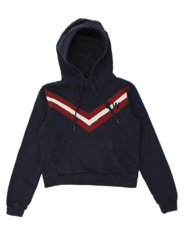 JACK WILLS Womens Oversized Crop Hoodie Jumper UK 10 Small Navy Blue Hoodie with Applique Textured Unique