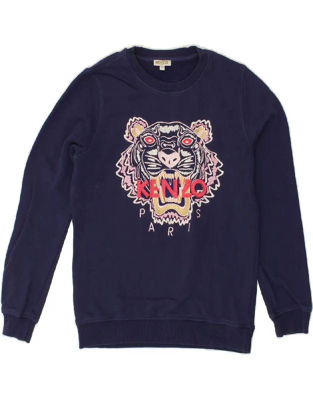 KENZO Girls Graphic Sweatshirt Jumper 15-16 Years Navy Blue Cotton Hoodie with Sequins Glamorous Eye-catching