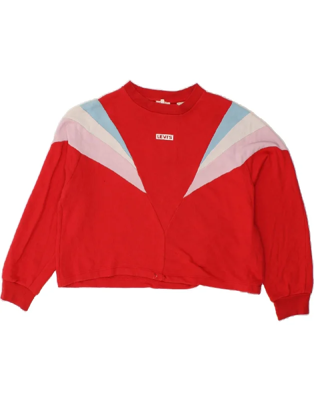 LEVI'S Womens Oversized Crop Graphic Sweatshirt Jumper UK 14 Medium Red Hoodie with V-Neck Classic Versatile