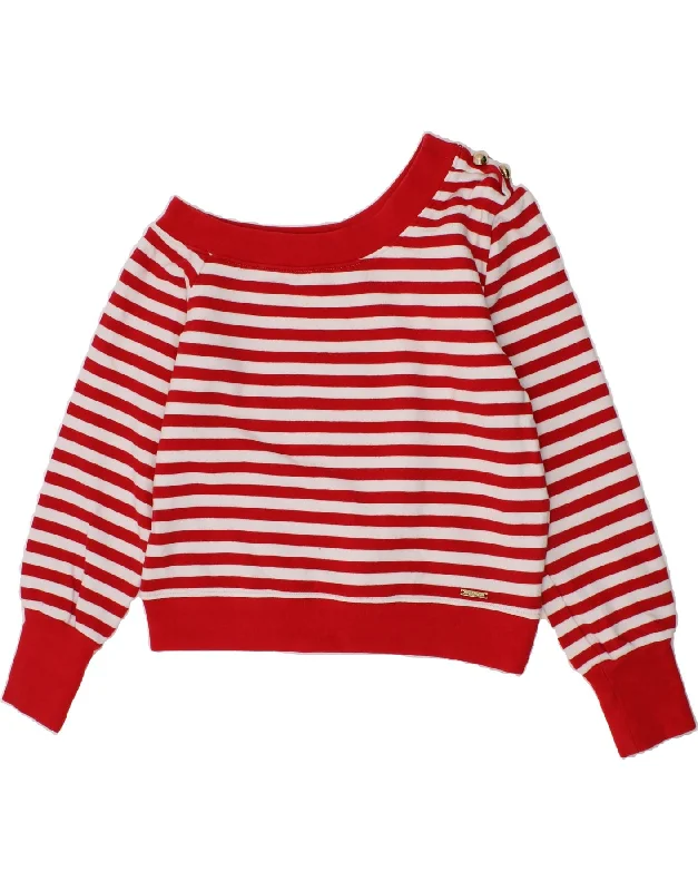 LIU JO Girls Sweatshirt Jumper 9-10 Years Red Striped Cotton Zip Hoodie Drawstring Kangaroo Pocket