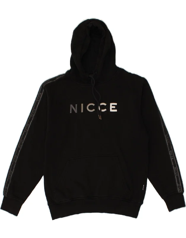 NICCE Mens Graphic Hoodie Jumper Small Black Cotton Hoodie with Emblem Brand Identity