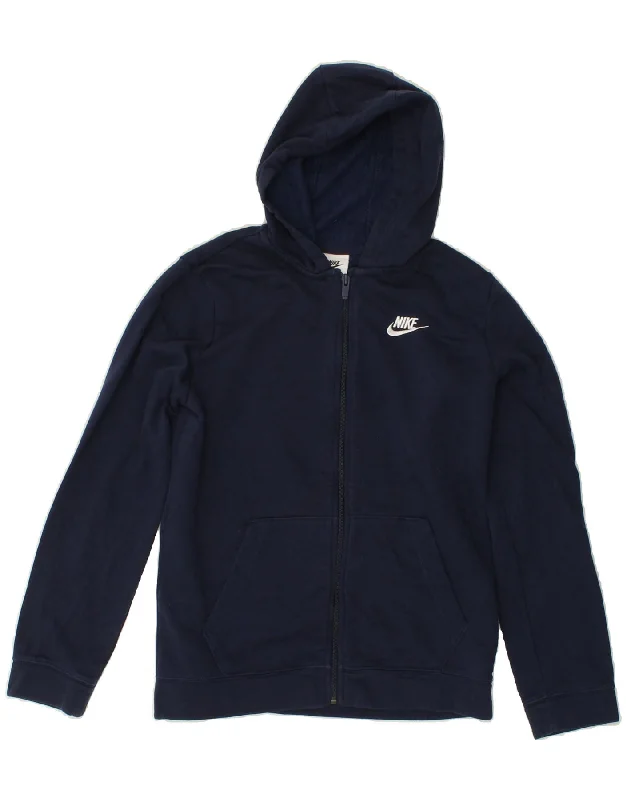 NIKE Boys Zip Hoodie Sweater 13-14 Years XL Navy Blue Cotton Hoodie with Raglan Sleeves Sporty Comfortable