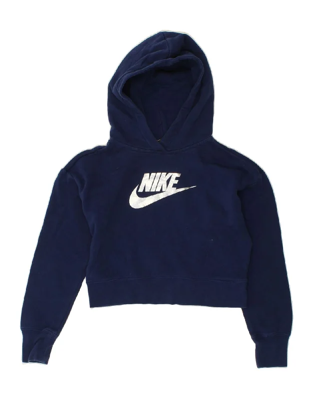 NIKE Girls Crop Graphic Hoodie Jumper 12-13 Years Large  Navy Blue Cotton Hoodie with Neon Bright Vibrant