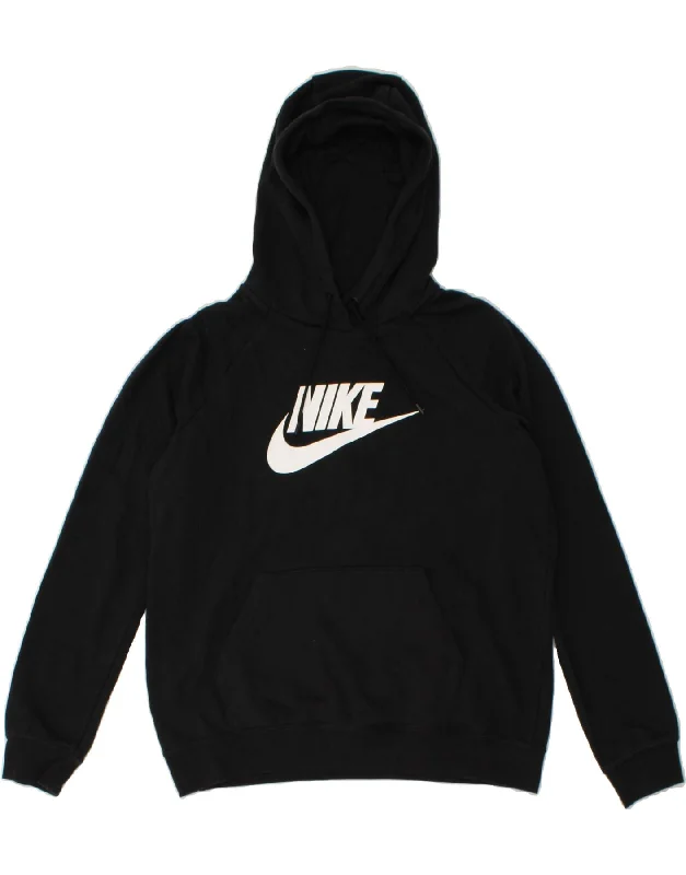 NIKE Womens Graphic Hoodie Jumper UK 16 Large Black Cotton Hoodie with Lining Warm Insulated