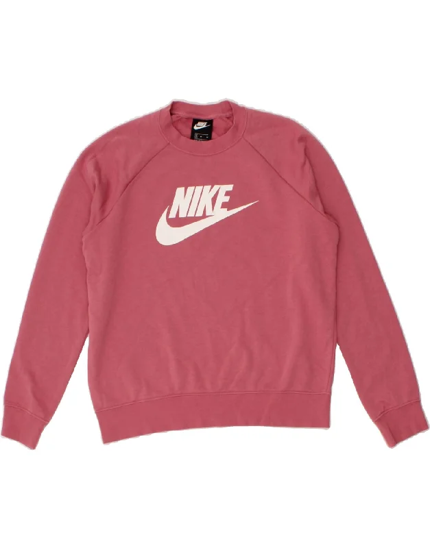 NIKE Womens Graphic Sweatshirt Jumper UK 14 Medium Pink Cotton Hoodie with Typography Text Message