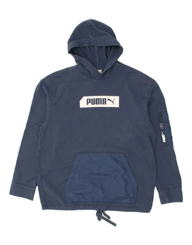 PUMA Mens Graphic Hoodie Jumper Large Navy Blue Cotton Hoodie with Rhinestones Sparkly Elegant