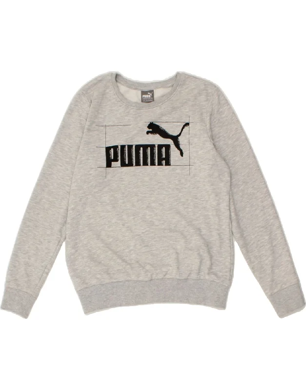 PUMA Womens Graphic Sweatshirt Jumper UK 14 Medium Grey Cotton Hoodie Crop Top Short Trendy