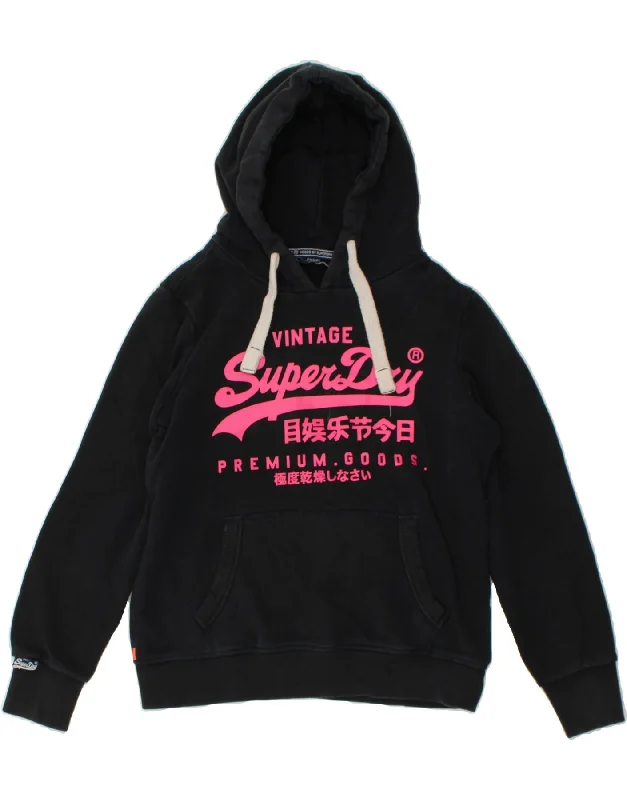 SUPERDRY Womens Graphic Hoodie Jumper UK 16 Large Navy Blue Cotton Hoodie with Embroidery Detailed Premium