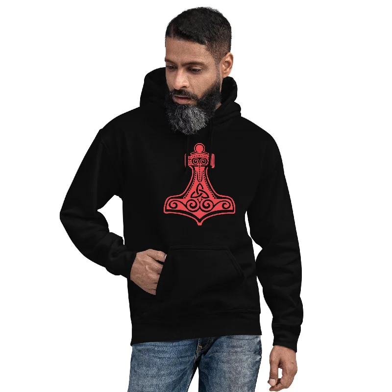 Thor's Hammer Mjolnir Norse Mythology Unisex Hoodie Red Print Hoodie with Elastic Waist Stretchable Comfortable