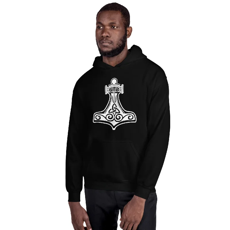 Thor's Hammer Mjolnir Norse Mythology Unisex Hoodie Sweatshirt White Print Hoodie with Hem Detail Decorative Unique