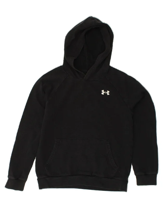 UNDER ARMOUR Boys Hoodie Jumper 11-12 Years Large  Black Cotton Hoodie with Stripes Bold Sporty