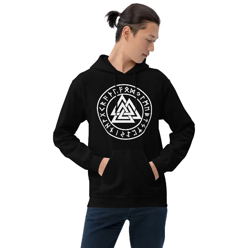 Valknut Symbol with Viking Runes Triangles of Power Unisex Hoodie Sweatshirt Hoodie with Hem Raw Edge Edgy Unfinished