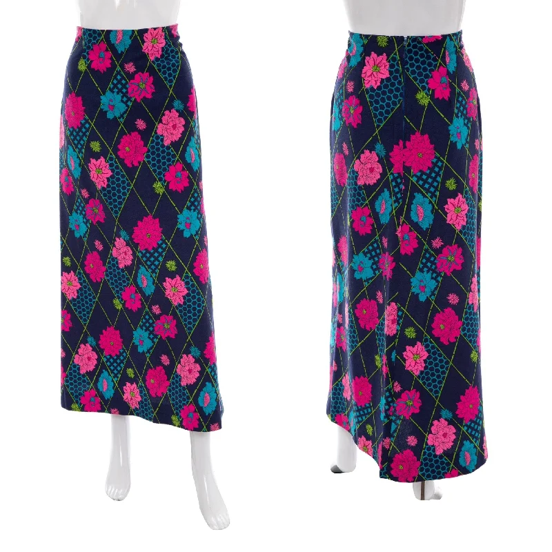 1960's Navy and Multicolor Floral Print Maxi Skirt Size M cotton skirt soft