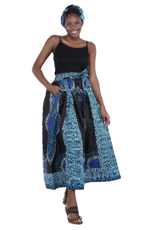 Black Blue Dashiki Long Maxi Skirt wool skirt sturdy