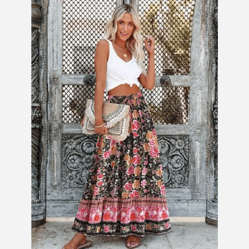 Bohemian Floral Maxi Skirt spandex blend skirt