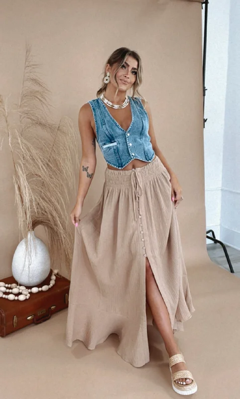 Whispering Willow Button Maxi Skirt, Sand tiered skirt playful