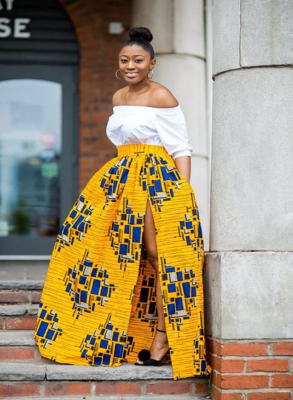 Camila Ankara Maxi Skirt | Yellow and Blue African Print silk skirt lustrous