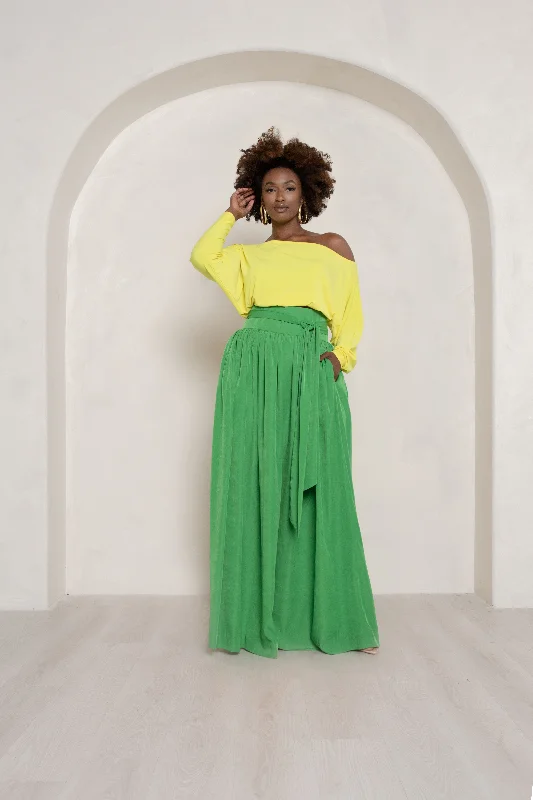 *Green High Waist Belted Maxi Skirt- JIBRI high slit skirt