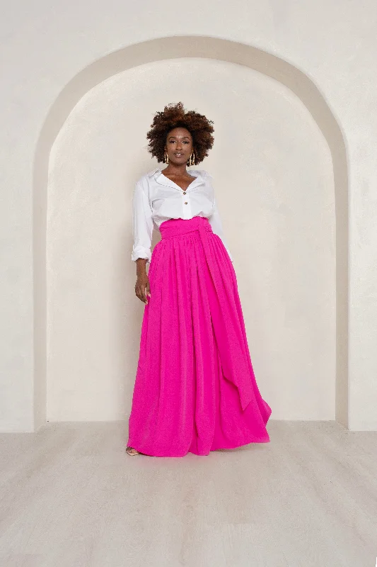 Neon Pink High Waist Belted Maxi Skirt- JIBRI chiffon skirt floaty