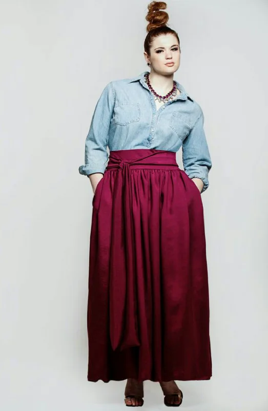 Wine High Waist Belted Maxi Skirt- JIBRI a-line skirt cut