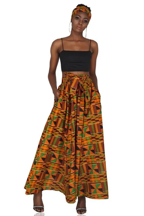 Kente Print Long Maxi Skirt chiffon skirt lightweight