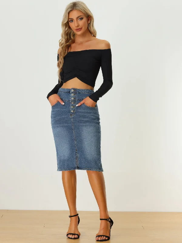 Denim Pencil Button High Waist Split Hem Casual Midi Jean Skirts relaxed fit skirt