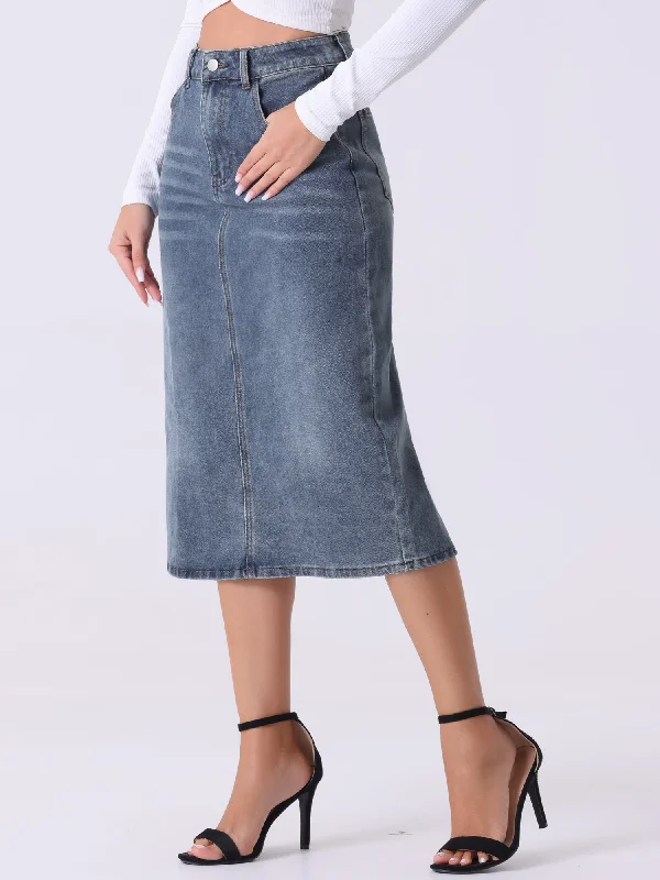 Casual Denim High Waist Stretchy Midi Pencil Jean Skirt zip skirt side