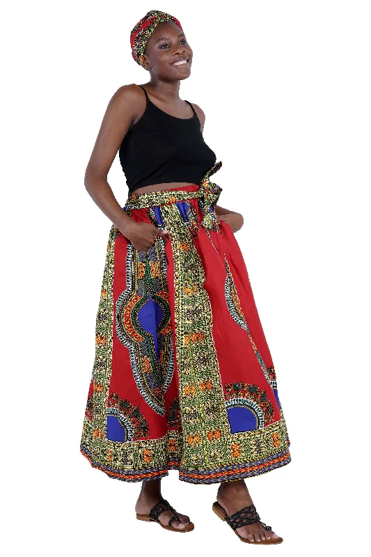 Red Dashiki Long Maxi Skirt linen skirt airy