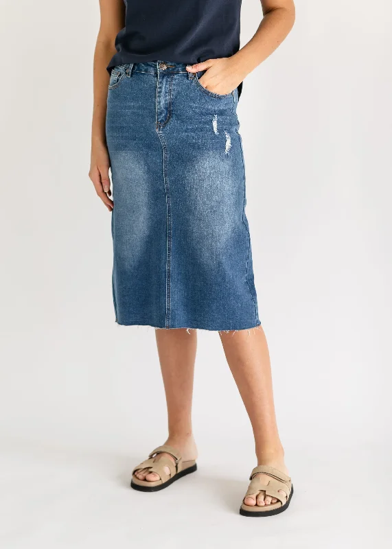 Remi Raw Hem Medium Wash Midi Skirt - FINAL SALE denim skirt casual