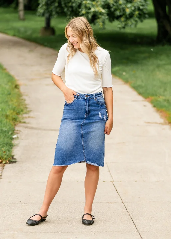 Tiana Distressed Denim Midi Skirt wool skirt warm