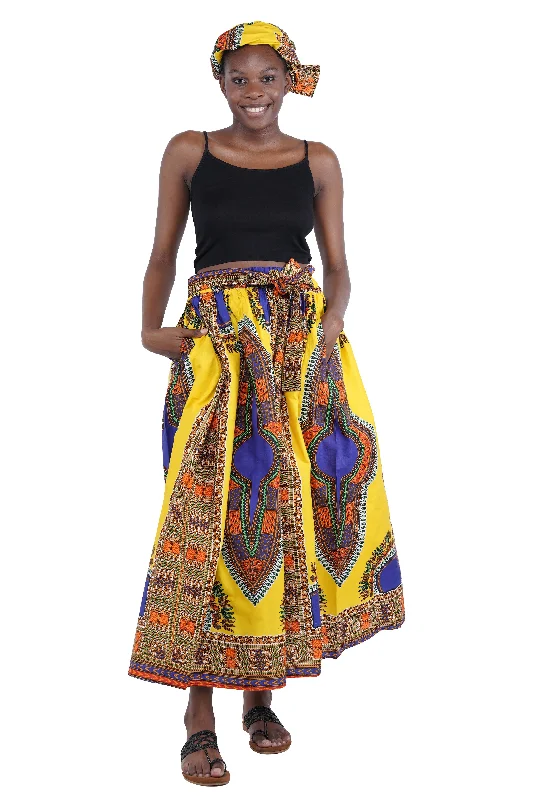 Yellow Dashiki Long Maxi Skirt silk skirt smooth