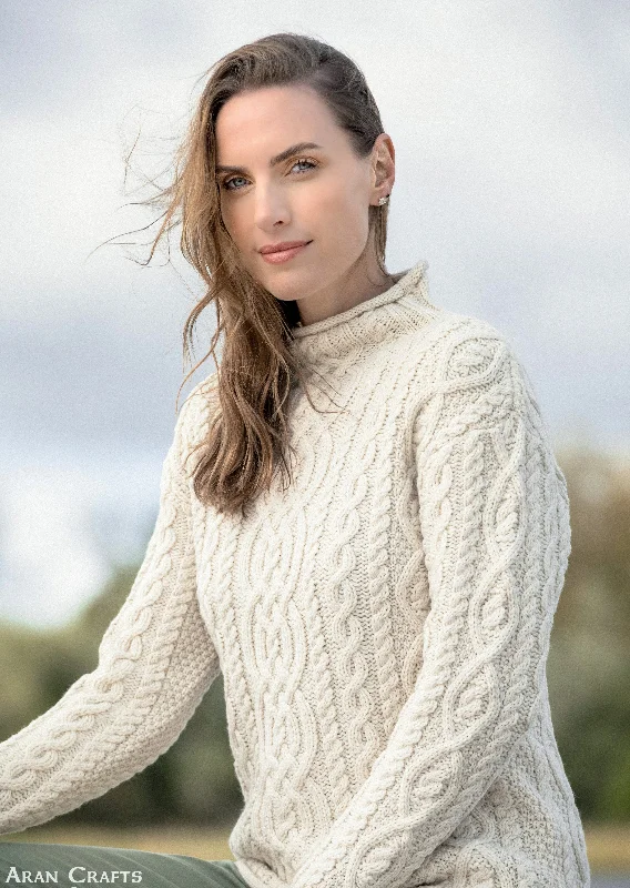 Super Soft Funnel Neck Aran Sweater | Natural Stretchy Elastic Breathable