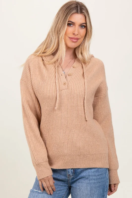 Beige Ribbed Knit Button Front Hooded Sweater Mesh Sweater Canvas Denim