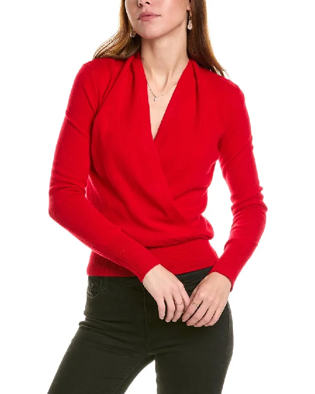 Sofiacashmere Modern Faux Wrap Cashmere Sweater Glossy Satin Silk