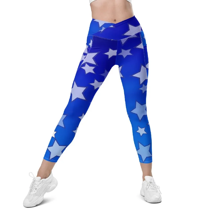 Blue Stars Crossover leggings with pockets, lioness-love.com Chic Printed Yoga Pants