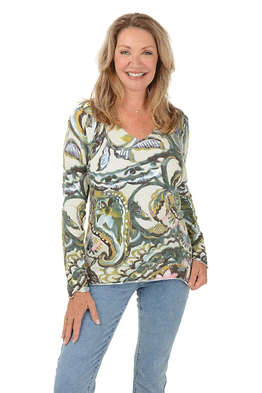 Paisley Lightweight V-Neck Sweater Chenille Blend Fleece Blend Nylon Blend