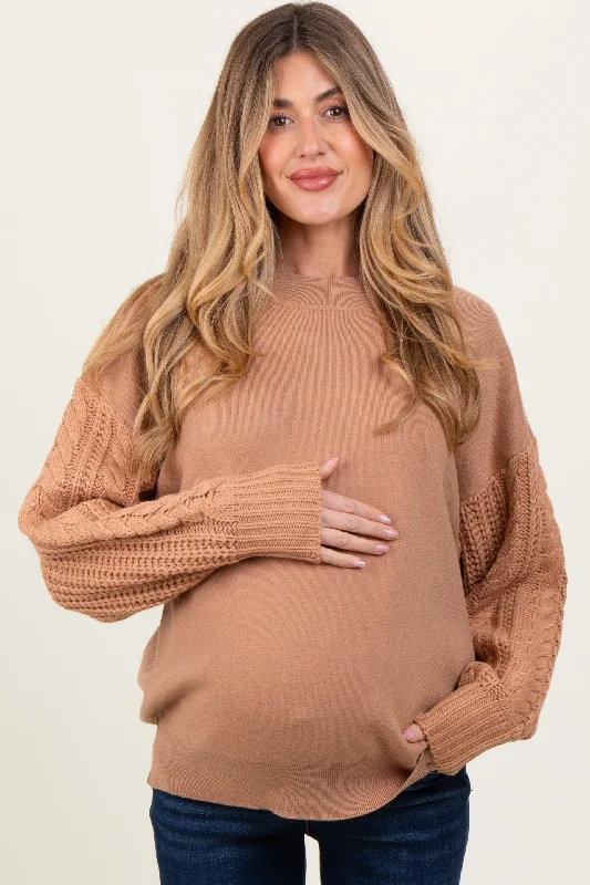 Camel Contrast Knit Sleeve Maternity Sweater Modern Contemporary Chic