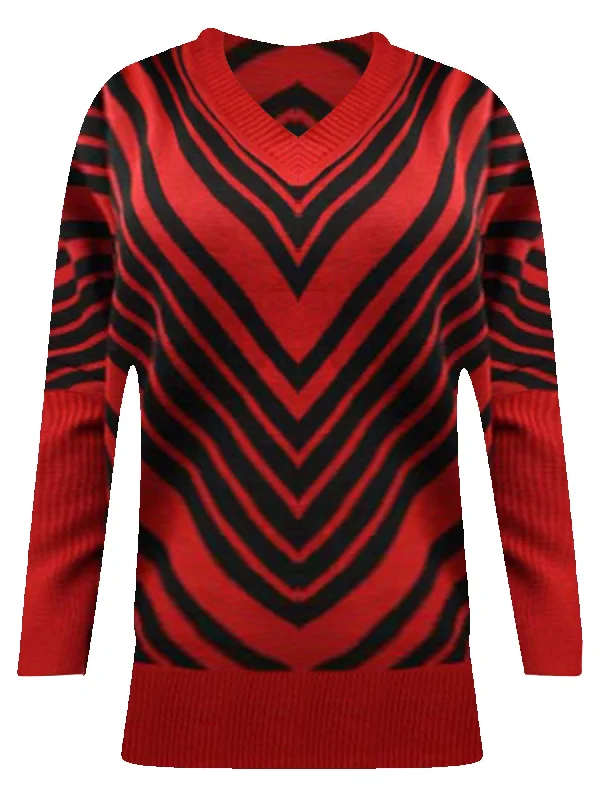 Red & Black Chevron Striped V-Neck Sweater With Dolman Sleeves Size Small Ribbed Striped Patterned