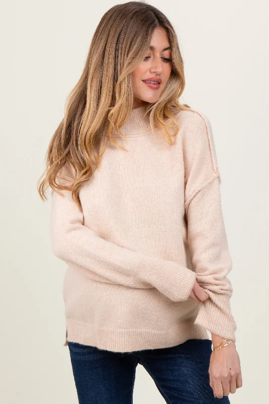 Cream Mock Neck Contrast Seam Maternity Sweater Front Pockets Side Pockets Patch Pockets