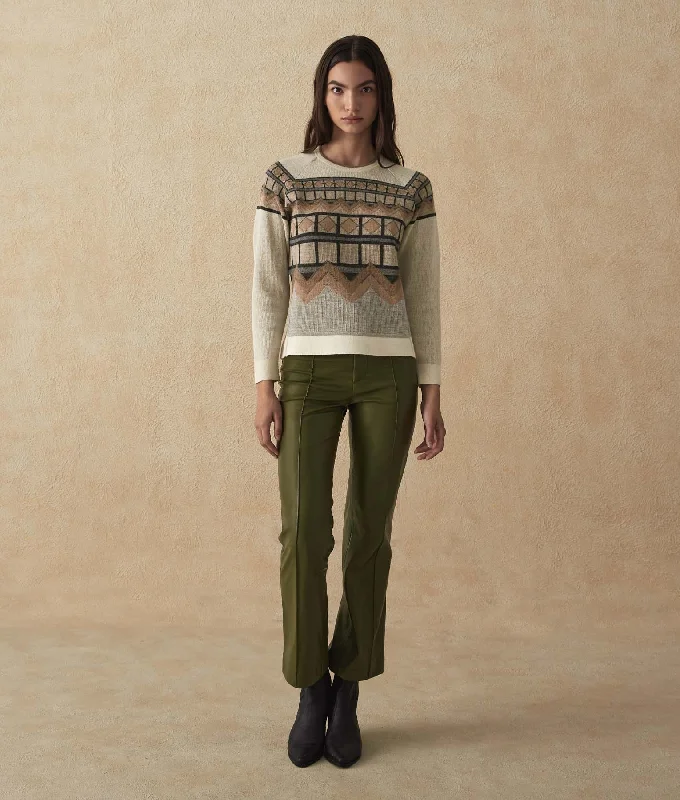 Detailed Jacquard O-Neck Sweater Lace Blend Ribbed Blend Corduroy Blend