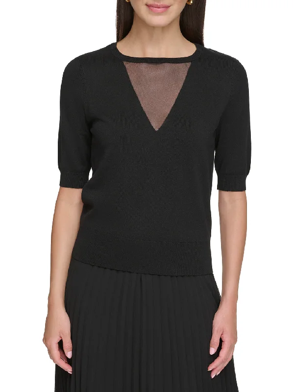 Dkny Women Black Solid Round Neck Short Sleeves Sweater Terry Terry Cloth Terry Knit